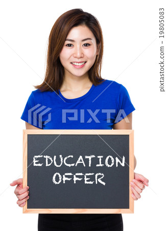 Asian woman hold with chalkboard and showing education offer 19805083