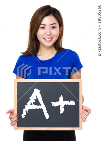 Asian woman hold with chalkboard and showing mark A plus 19805260