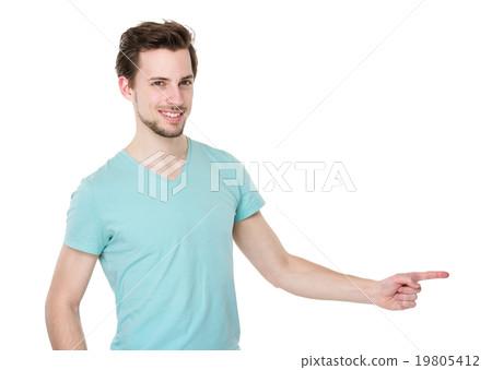 Caucasian man with finger point aside Caucasian man with finger point aside 19805412