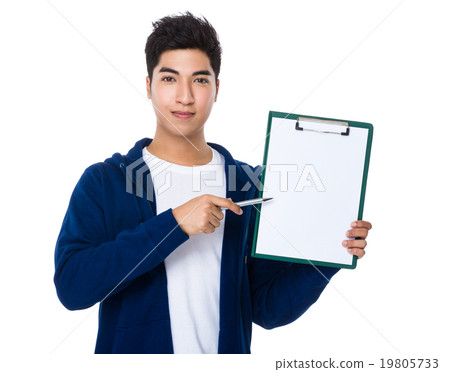 Asian man pen point to clipboard 19805733