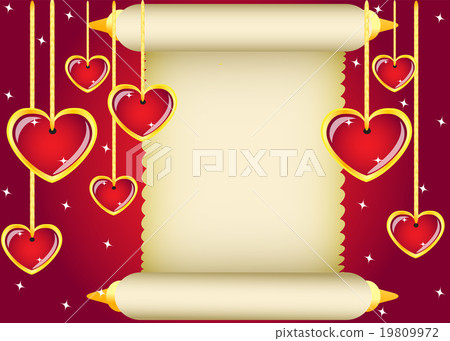 gold scroll and hanging hearts on red background gold scroll and hanging hearts on red background 19809972