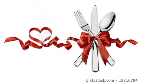 Silverware in red Valentine heart shape horizontal 19810794