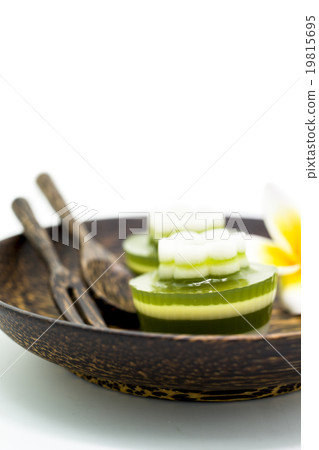 Thai dessert, pandan Jelly serve on palm wood dish 19815695