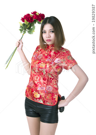 Beautiful woman with gun and flower 19829387