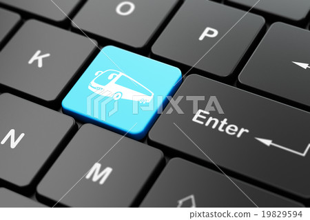 Vacation concept: Bus on computer keyboard Vacation concept: Bus on computer keyboard 19829594