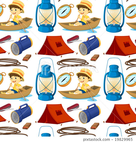 Seamless boy rowing boat and camping gears Seamless boy rowing boat and camping gears 19829965