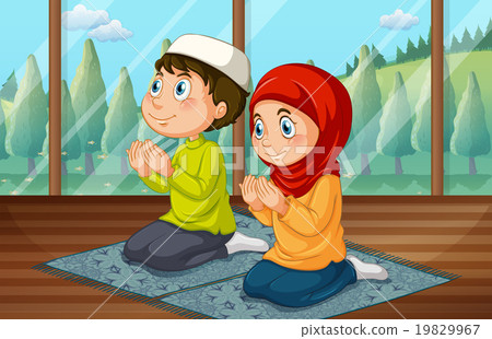 Muslim boy and girl praying in the room Muslim boy and girl praying in the room 19829967