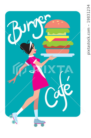 Girl on rollers carries a burger to order. Girl on rollers carries a burger to order. 19831234