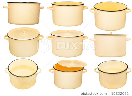 set of large enamel stockpots isolated on white 19832051