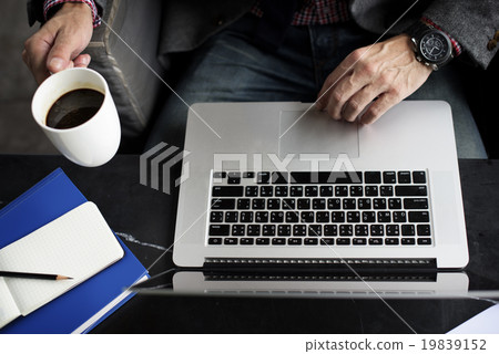 Man Computer Laptop Coffee Cafe Concept Man Computer Laptop Coffee Cafe Concept 19839152