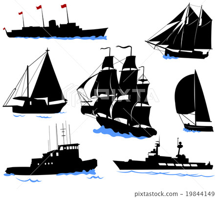 Silhouettes of ships - yacht, fishing boa, warship Silhouettes of ships - yacht, fishing boa, warship 19844149