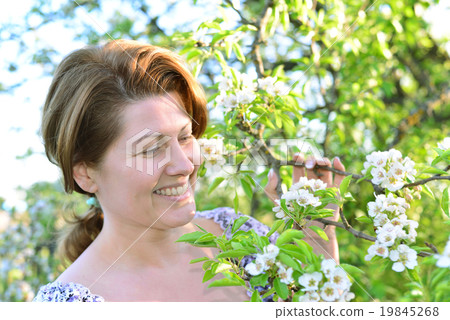 Awoman in  apple orchard at  early spring 19845268
