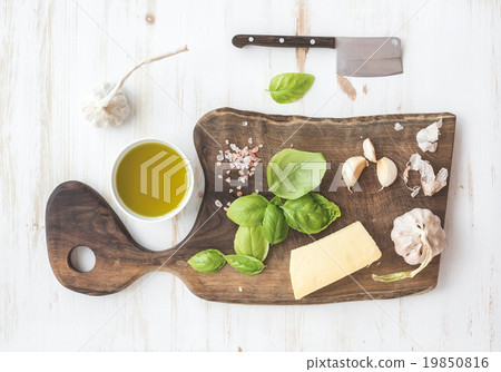 Pesto sauce cooking set. Fresh basil, olive oil 19850816