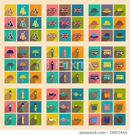 Set of flat icons with long shadow United Kingdom 19857454