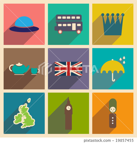 Set of flat icons with long shadow United Kingdom 19857455