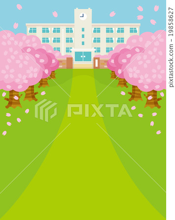 櫻花和學校建築的變化在春天垂直C 19858627
