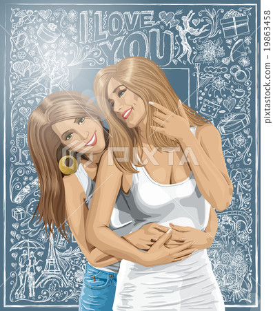 Vector Women Gay Couple Against Love Background 19863458