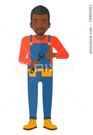 Cheerful repairman with spanner. 19864861