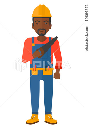 Smiling worker with saw. 19864871