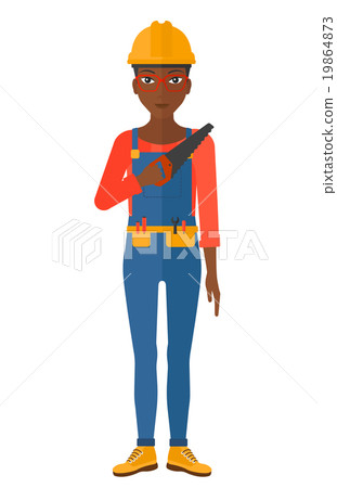 Smiling worker with saw. 19864873
