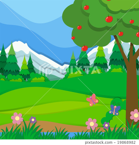 Nature scene with apple tree and field 19868982