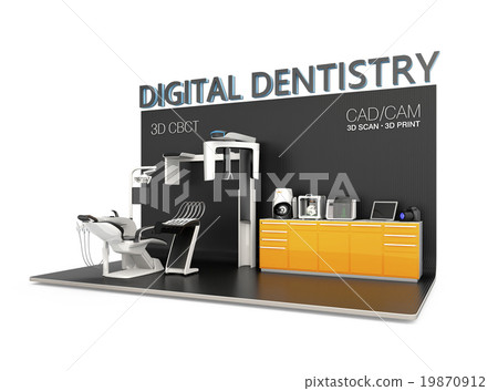 Data sharing by dental unit, CT scanner, 3D printer, cooperation, digital dentistry concept 19870912