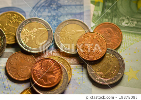Euro coins and banknotes money. Macro background. 19878083