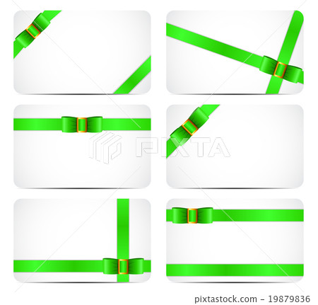 Gift Card Set with Green Ribbon and Bow. Vector 19879836