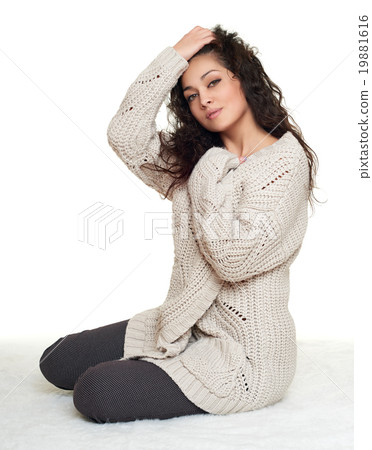 girl portrait in homelike dress sit on fur floor, white background girl portrait in homelike dress sit on fur floor, white background 19881616