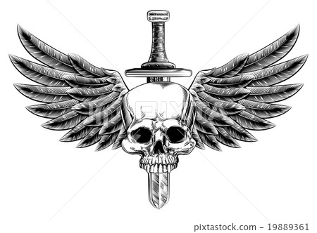 Woodcut Winged Skull Sword Insignia Stock Illustration 1961