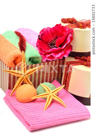 colored towels in gift boxes and starfishes colored towels in gift boxes and starfishes 19892733