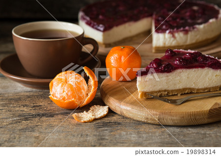 Wedge of classic style cheesecake with cup of tea Wedge of classic style cheesecake with cup of tea 19898314