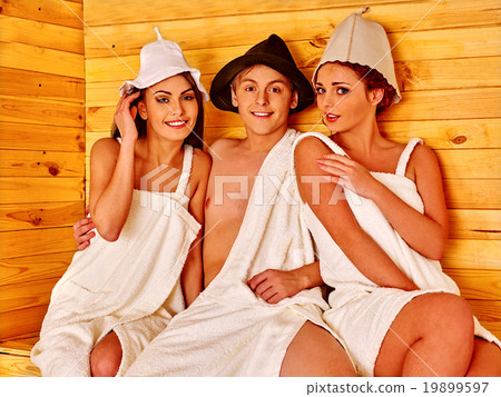 Group people in Santa hat  at sauna. 19899597
