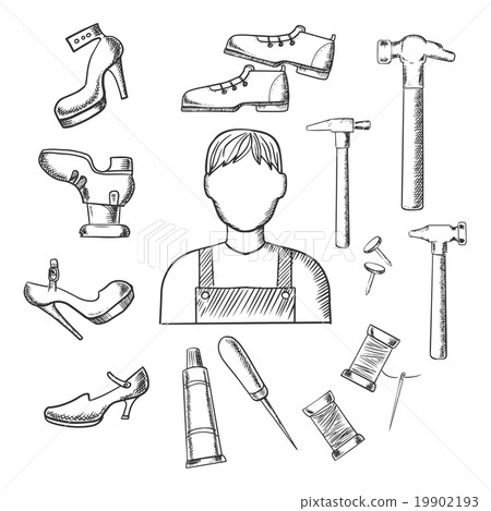 Shoemaker profession and tools sketch icons Shoemaker profession and tools sketch icons 19902193