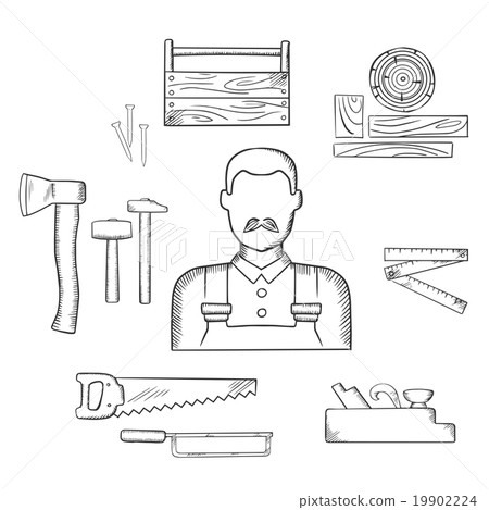 Carpenter with timber and tools sketch icons Carpenter with timber and tools sketch icons 19902224