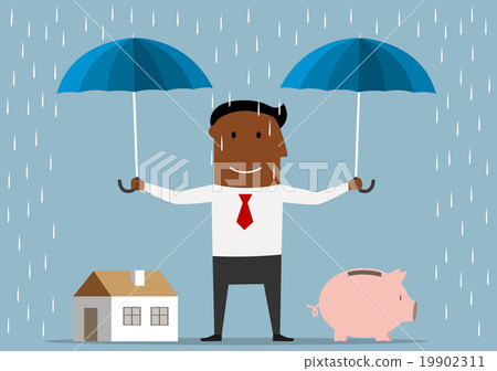 Businessman protecting house and piggy bank Businessman protecting house and piggy bank 19902311