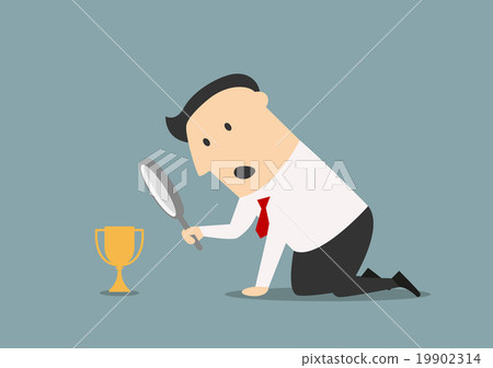 Businessman looking at trophy through magnifier Businessman looking at trophy through magnifier 19902314