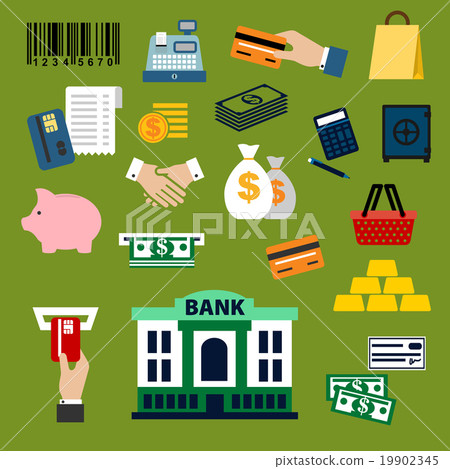 Business, finance, banking and shopping flat icons 19902345