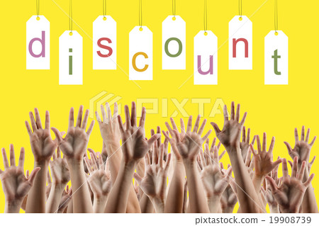 Discount word on labels people hands up over 19908739