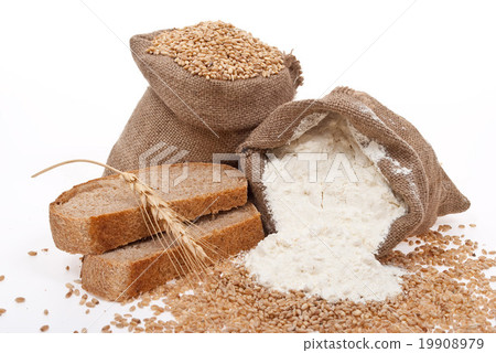 Flour and wheat grain with bread Flour and wheat grain with bread 19908979