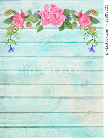 Shabby Chic Wood Background with Floral Vignette  19909723