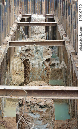 Excavated bore piles at the construction site  19910730