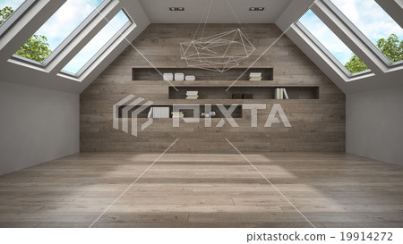 Empty mansard room with shelfs 3D rendering 19914272