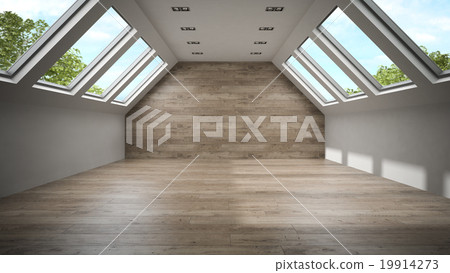 Empty mansard room with wooden wall 3D rendering 2 19914273