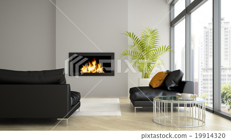 Interior of modern loft with fireplace and black sofa 3D render Interior of modern loft with fireplace and black sofa 3D render 19914320