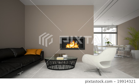 Interior of modern loft with fireplace and black sofa 3D render Interior of modern loft with fireplace and black sofa 3D render 19914321