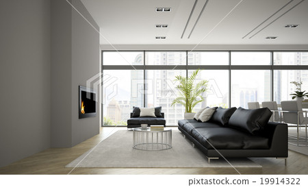 Interior of modern  loft with fireplace and black sofa 3D render 19914322