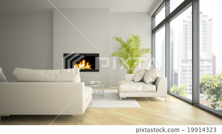 Interior of modern loft with fireplace and palm 3D rendering 2 Interior of modern loft with fireplace and palm 3D rendering 2 19914323