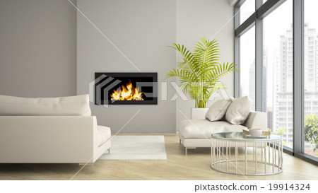 Interior of modern loft with fireplace and palm 3D rendering Interior of modern loft with fireplace and palm 3D rendering 19914324