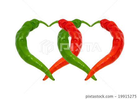 Red and green chili peppers in love Red and green chili peppers in love 19915275